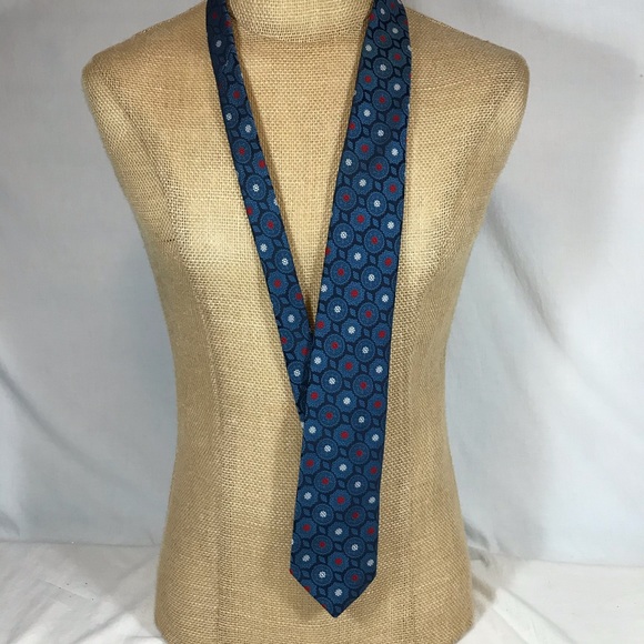 Blue Floral Neck Tie Polyester Circles Red White - Picture 2 of 8